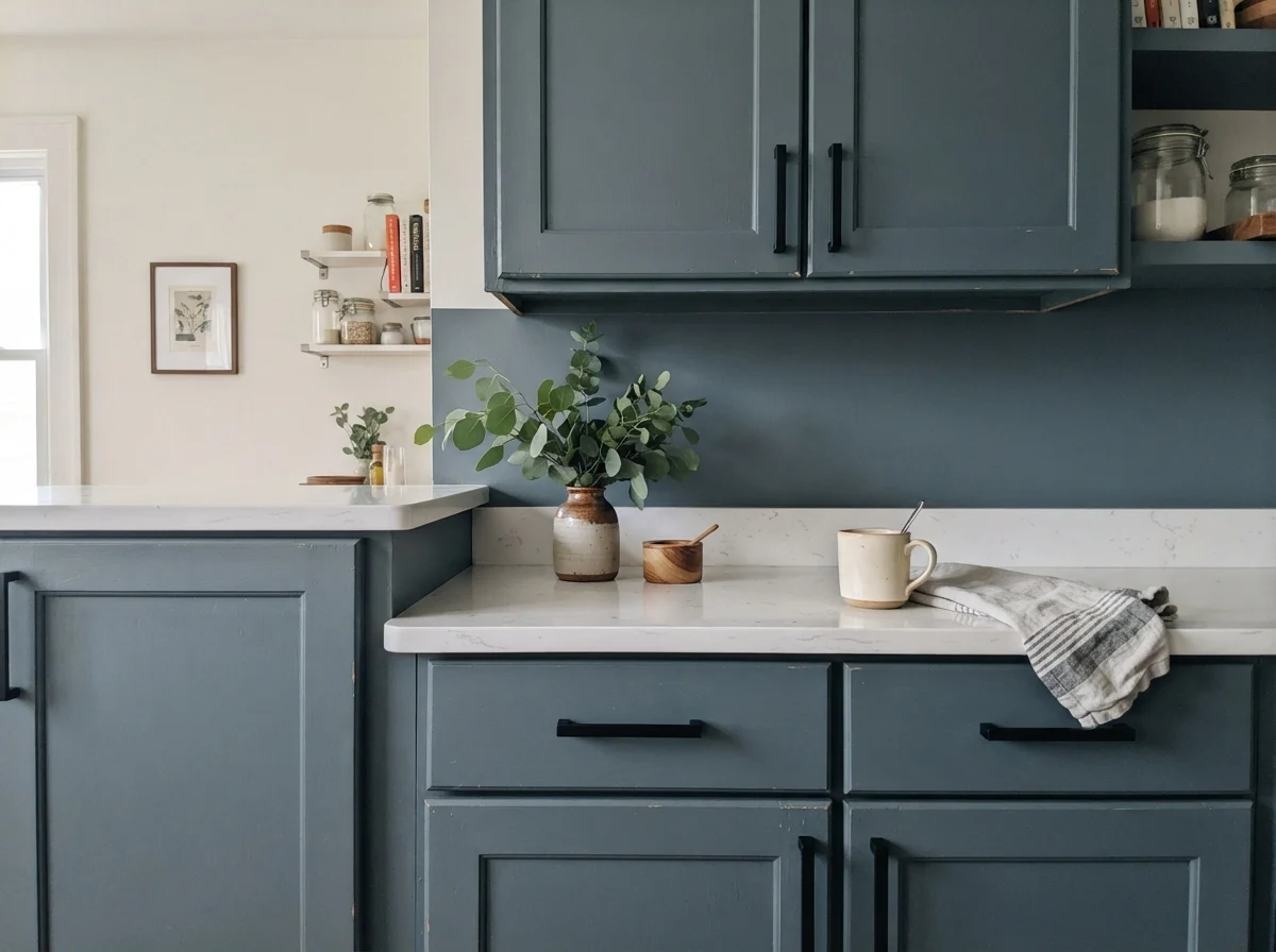 Close-up of Smoky Blue shaker cabinets with black hardware and quartz counter.