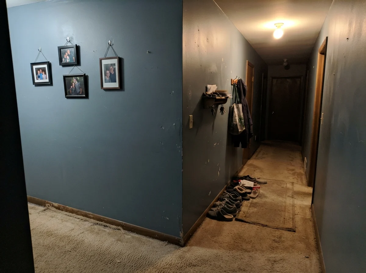 Dim windowless hallway showing Smoky Blue reading muddy and flat beside beige carpet.