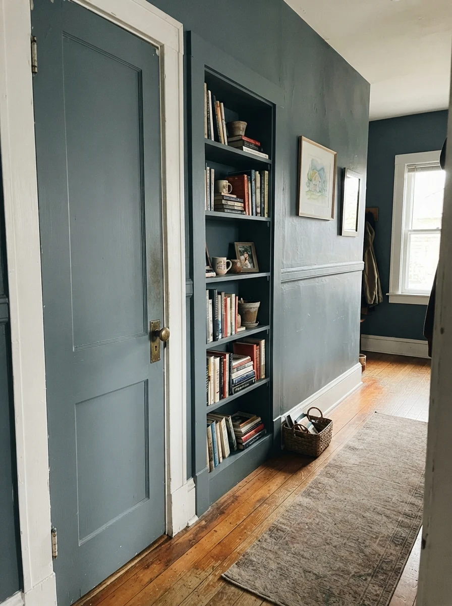 Interior door and built-in bookshelf painted Smoky Blue against cream hallway walls.