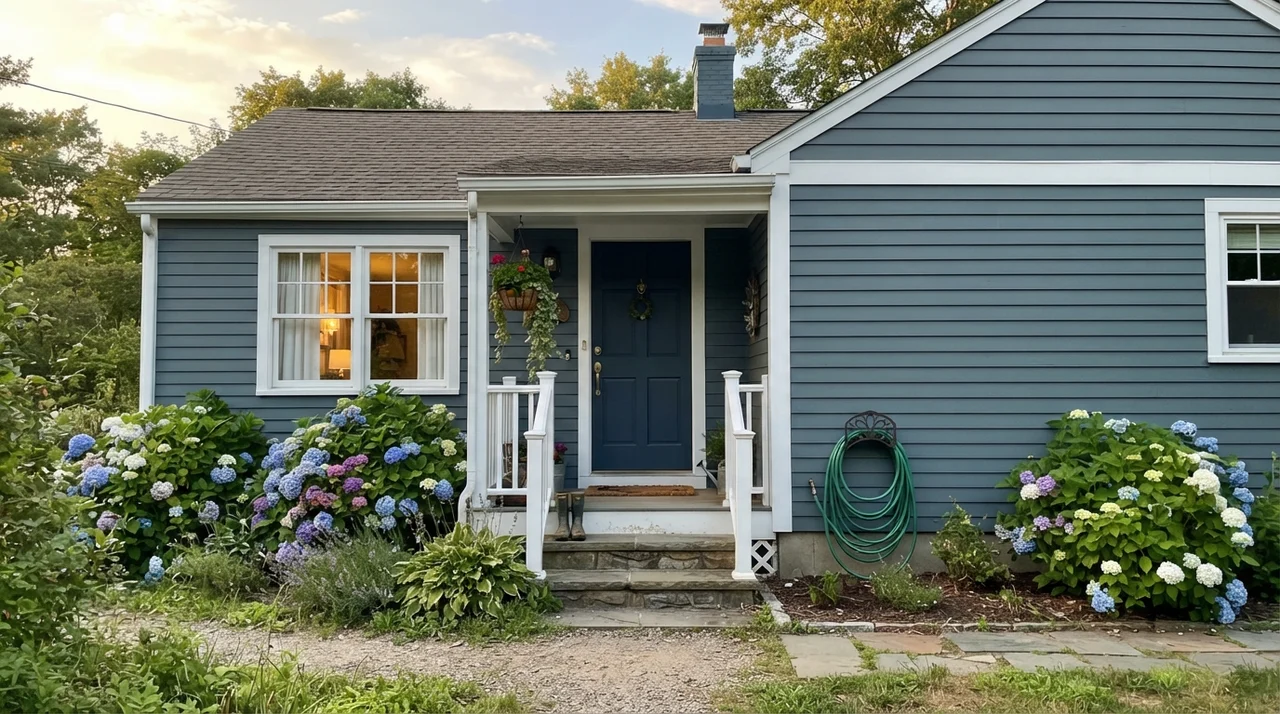 House exterior with Smoky Blue siding, white trim, and a dark navy front door.