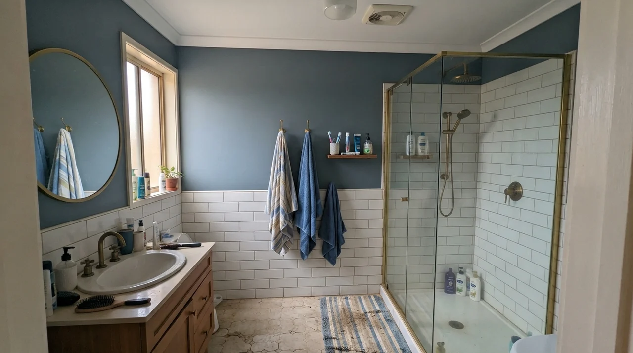 Family bathroom with Smoky Blue paint on upper walls, white subway tile wainscoting, and brass hardware.