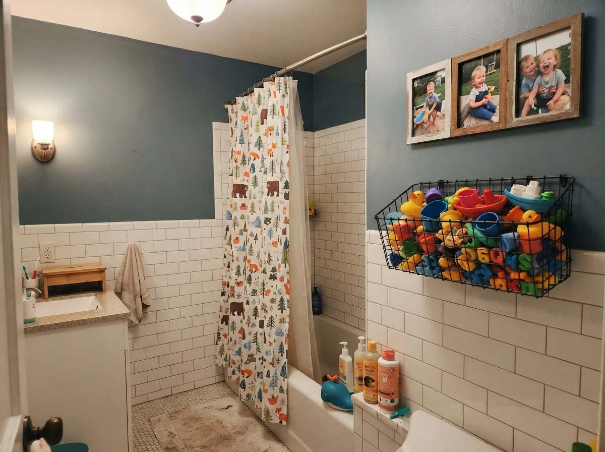 Kids' bathroom painted Smoky Blue with bath toys and white tile.