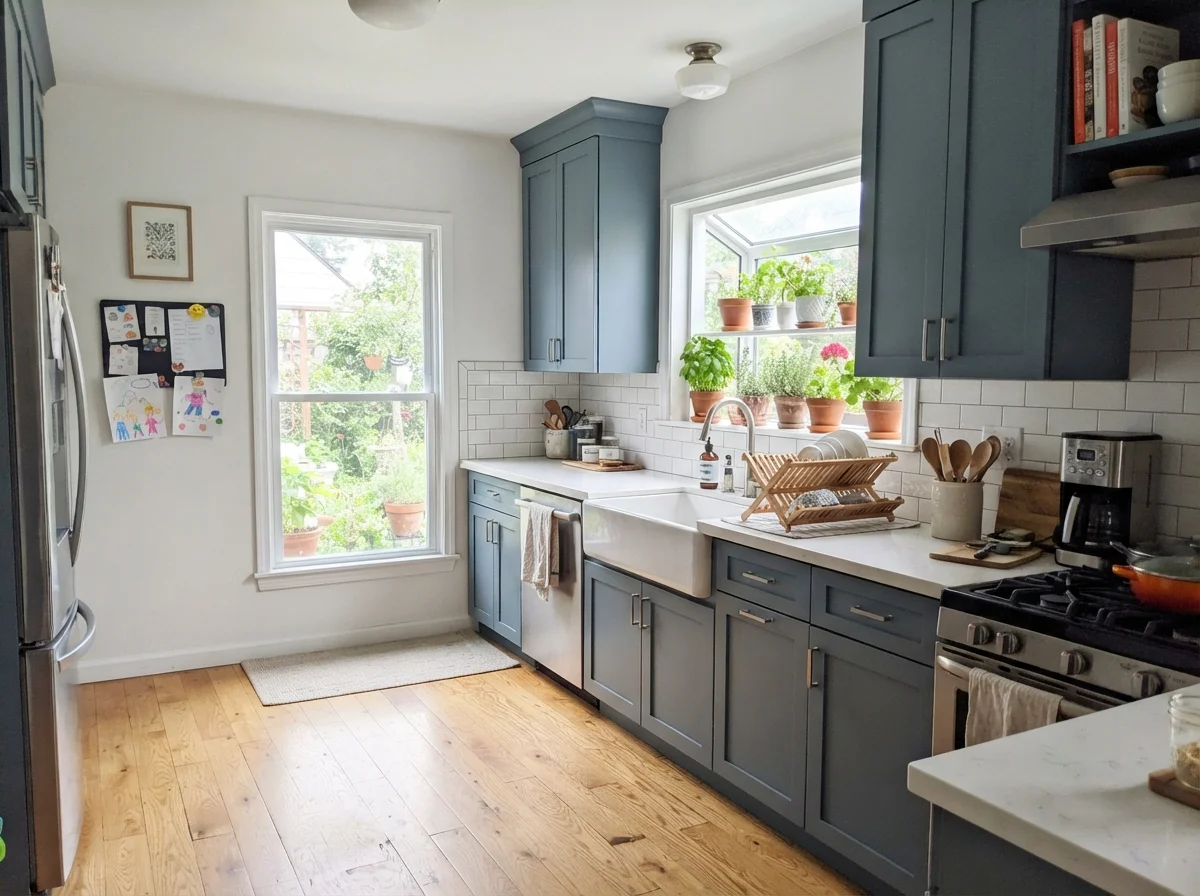 Kitchen shaker cabinets painted deep Smoky Blue with white backsplash and counters.