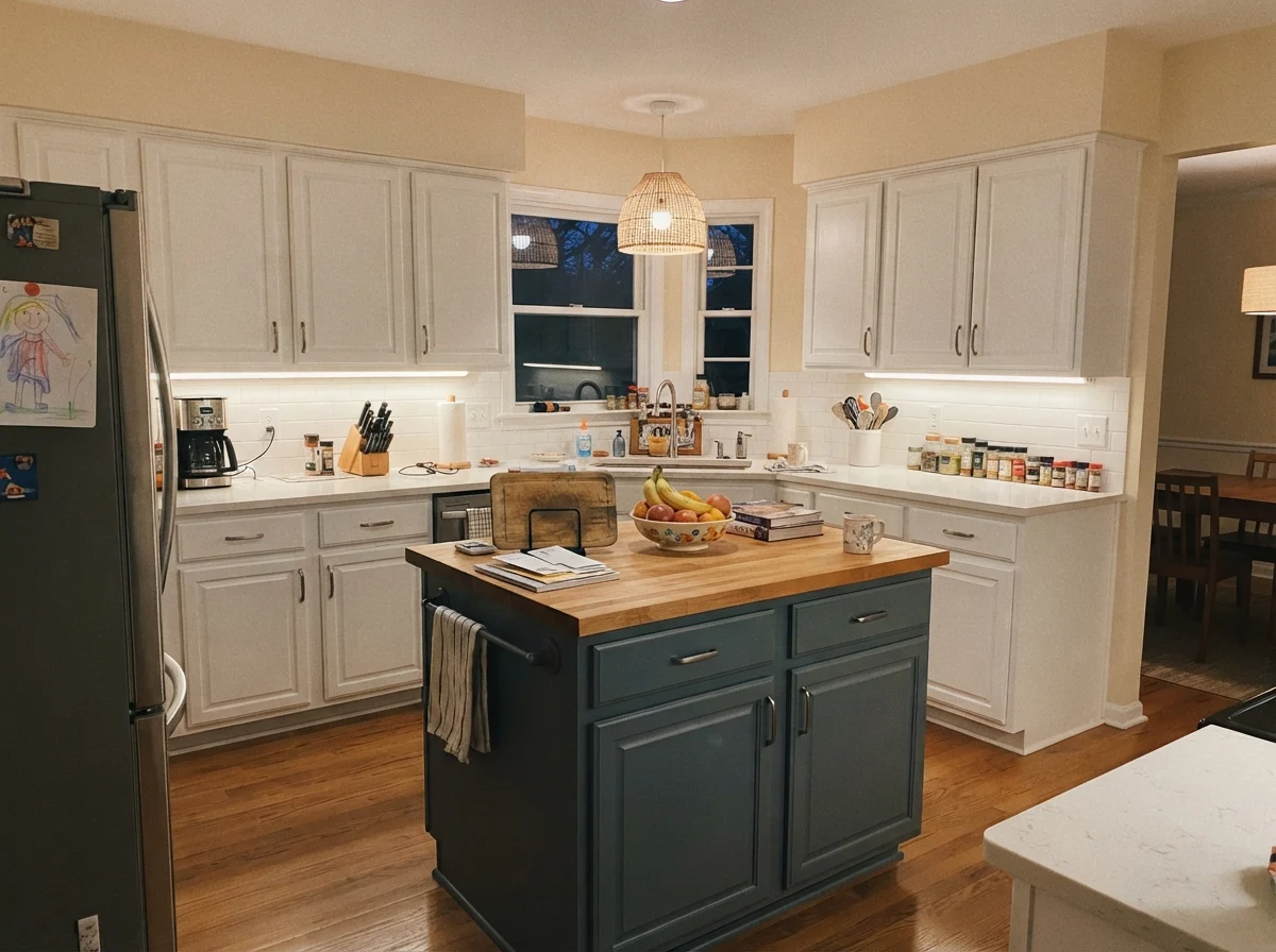 Kitchen island in Smoky Blue surrounded by white cabinets and cream walls.
