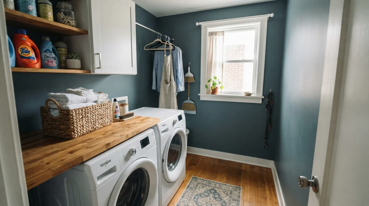 Bright laundry room with butcher block counter, white washer, and Smoky Blue walls.