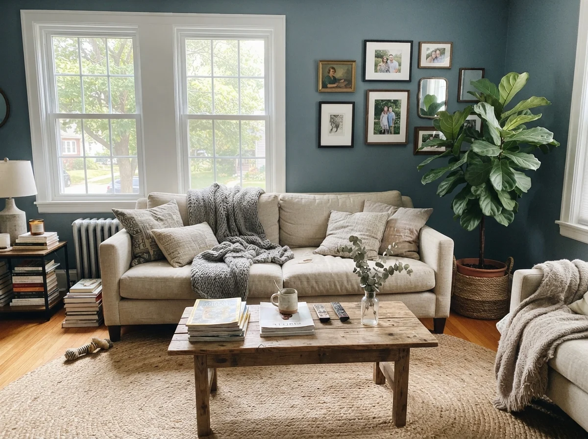Bright sunlit living room with linen sofa and Smoky Blue walls.