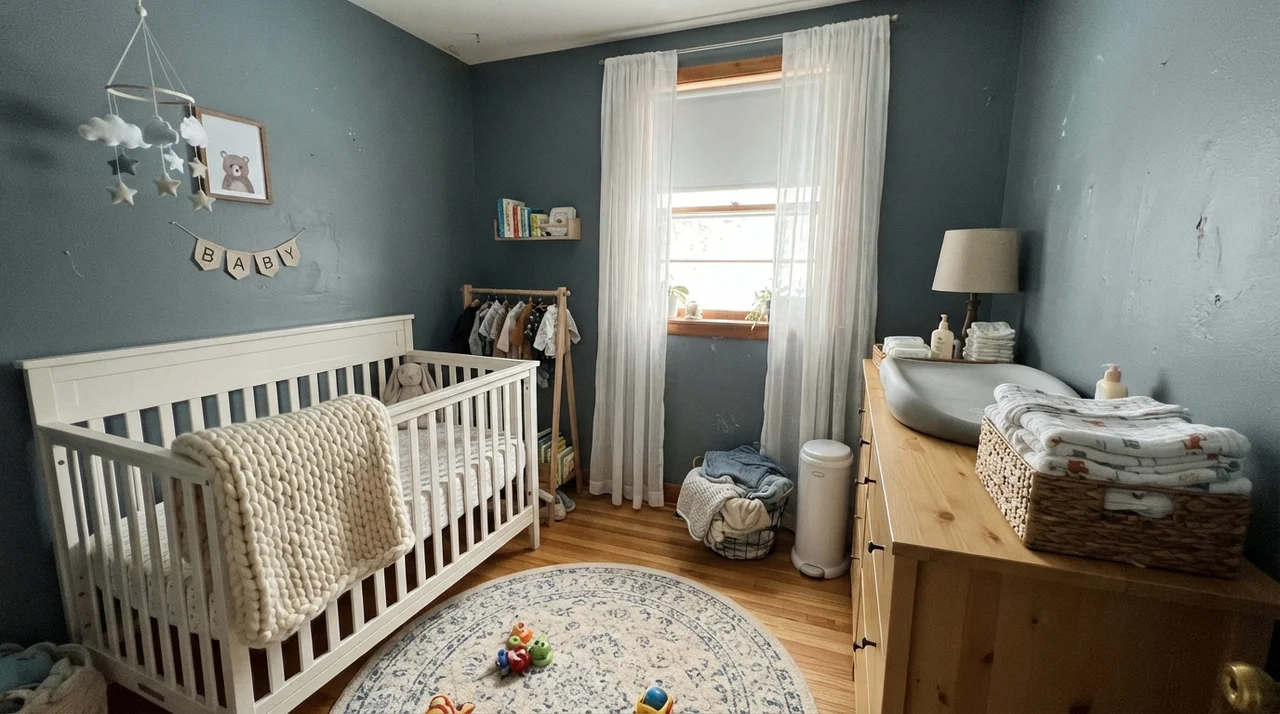 Nursery with white crib and light wood dresser against Smoky Blue walls.