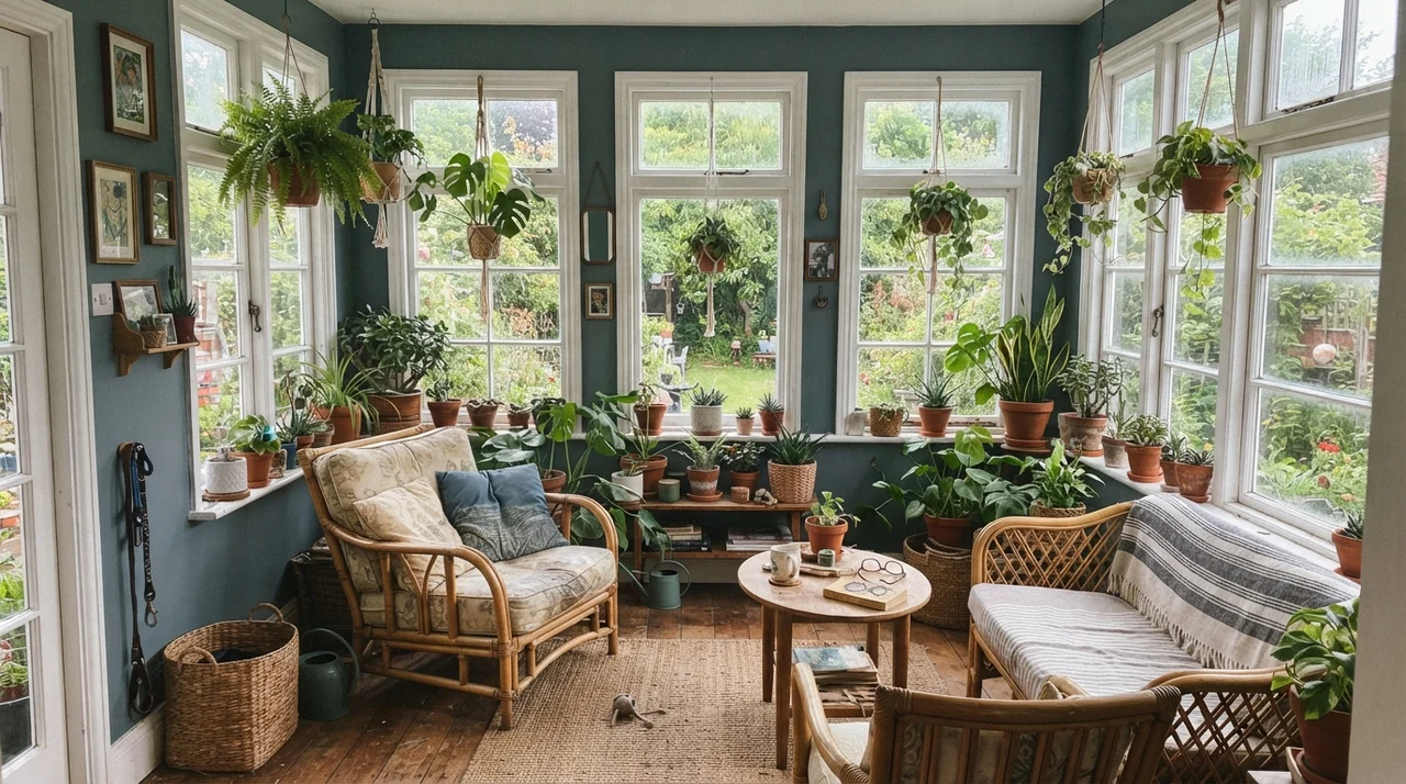 Bright sunroom with rattan furniture, house plants, and Smoky Blue accent walls.