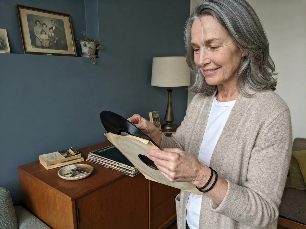 Susan Hartley at a teak credenza handling a vinyl record against Smoky Blue walls.