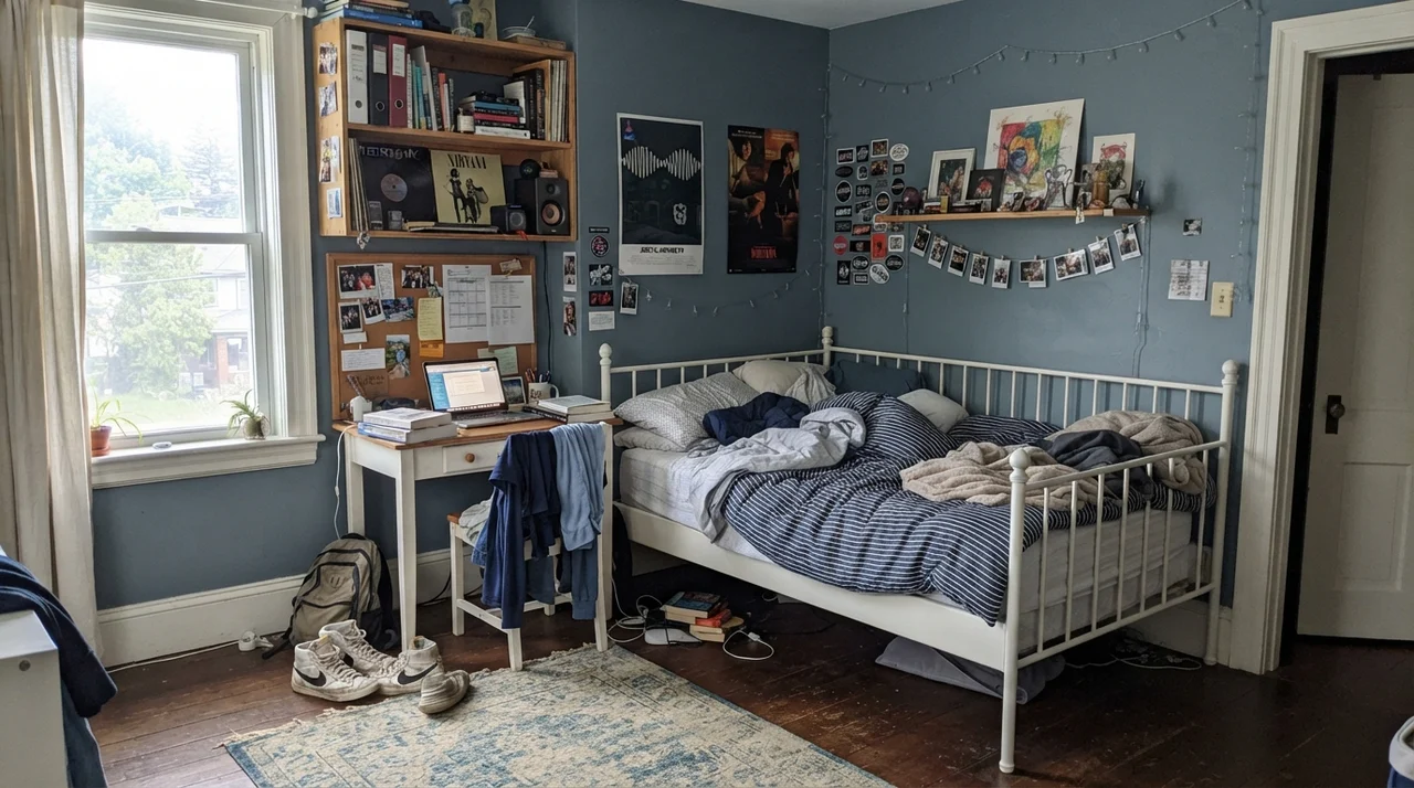 Teenager's bedroom with white metal bed and desk against Smoky Blue painted walls.