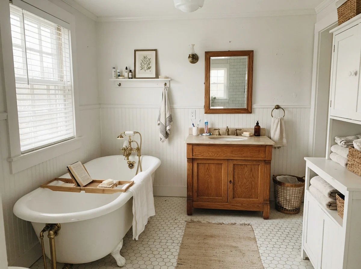 Cottage bathroom with white clawfoot tub and Sherwin-Williams Snowbound walls.
