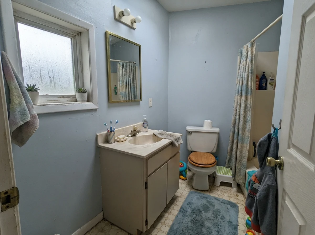 Older bathroom with cool north light on Sherwin-Williams Snowbound walls.
