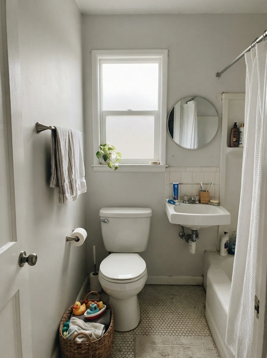 Small bathroom on an overcast day with walls painted Sherwin-Williams Snowbound.