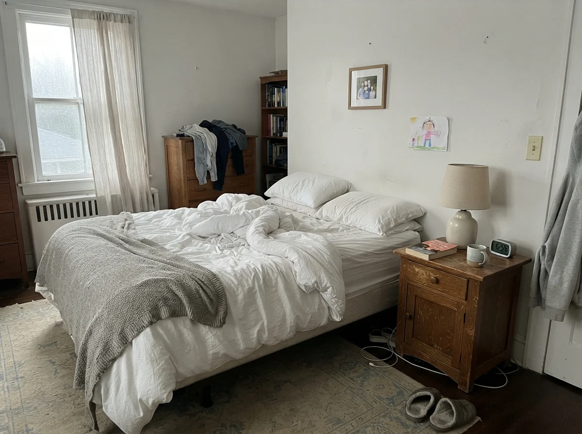 Simple bedroom in cool morning daylight with walls painted in Sherwin-Williams Snowbound.
