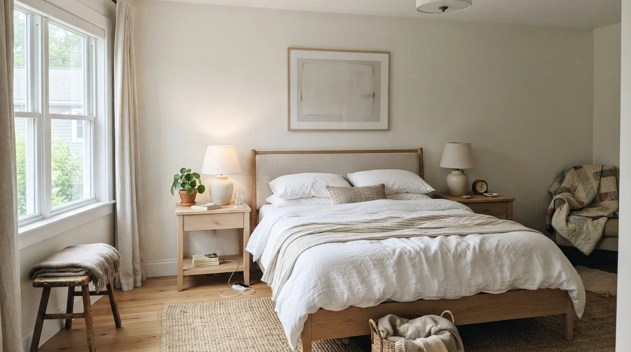 Main bedroom with Sherwin-Williams Snowbound walls and white linen bedding.