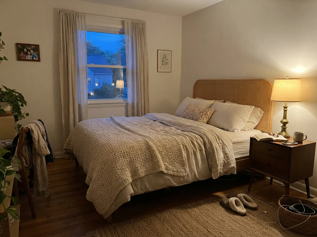 Bedroom at dusk with warm lamp illuminating Sherwin-Williams Snowbound walls.