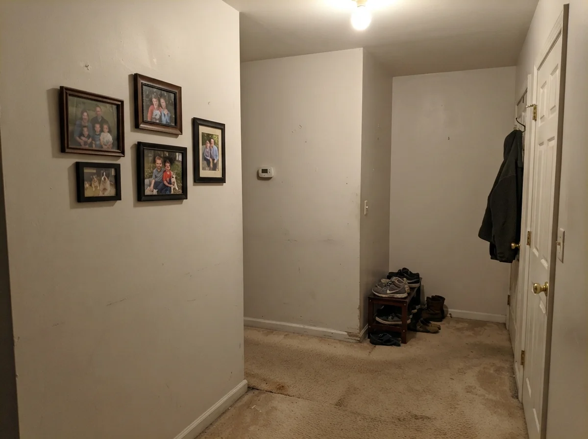 Dim hallway with Sherwin-Williams Snowbound walls looking dull and muddy.