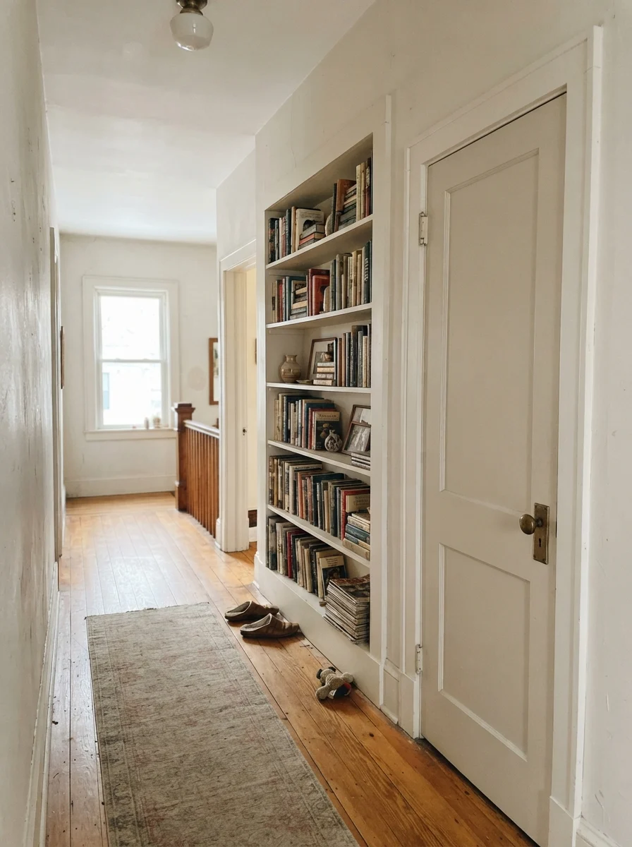Two-panel door and built-in bookshelf painted in Sherwin-Williams Snowbound.