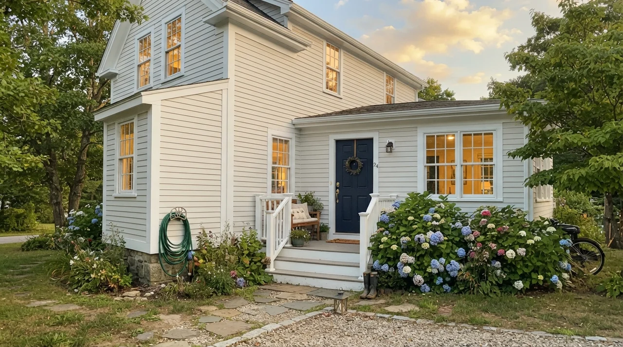 House exterior with horizontal siding painted in Sherwin-Williams Snowbound.