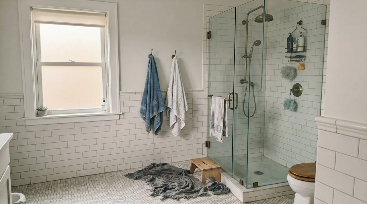 Family bathroom with upper walls painted Sherwin-Williams Snowbound above white subway tile wainscoting with brass fixtures.