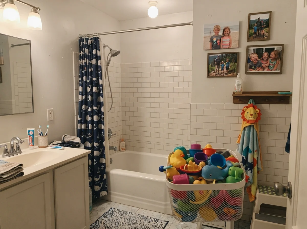 Kids bathroom with Sherwin-Williams Snowbound walls and white subway tile wainscoting.