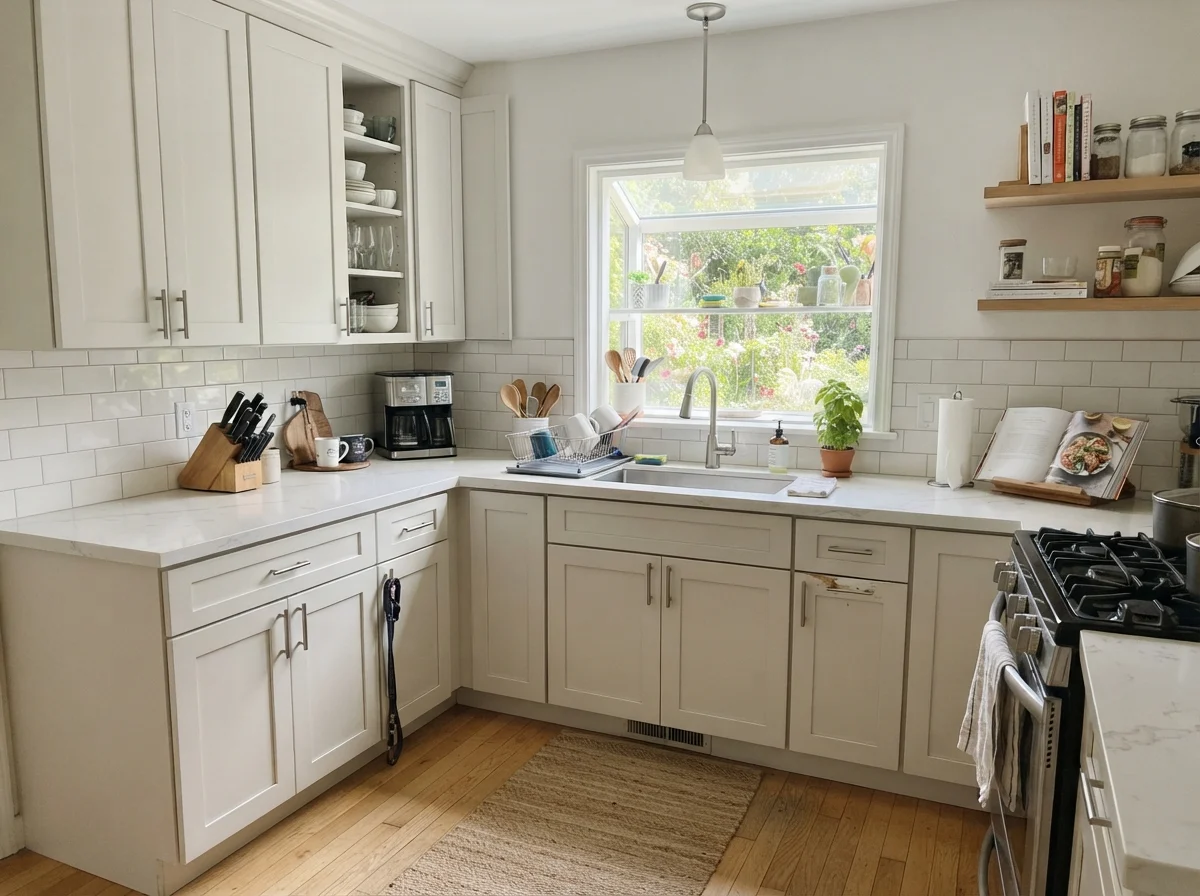 Kitchen shaker cabinets painted in Sherwin-Williams Snowbound with white subway tile.
