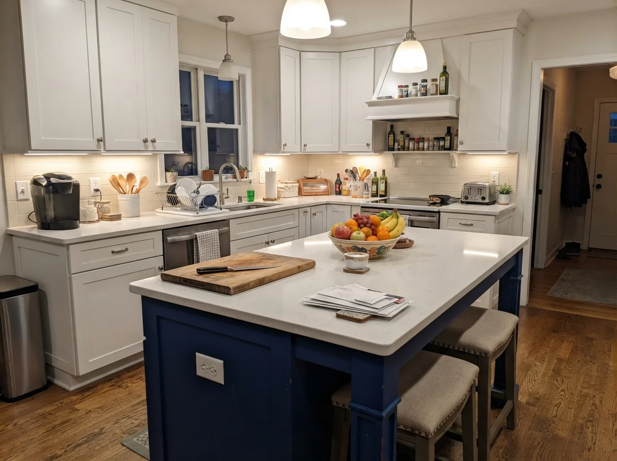 Kitchen island painted in Sherwin-Williams Snowbound under evening kitchen lighting.