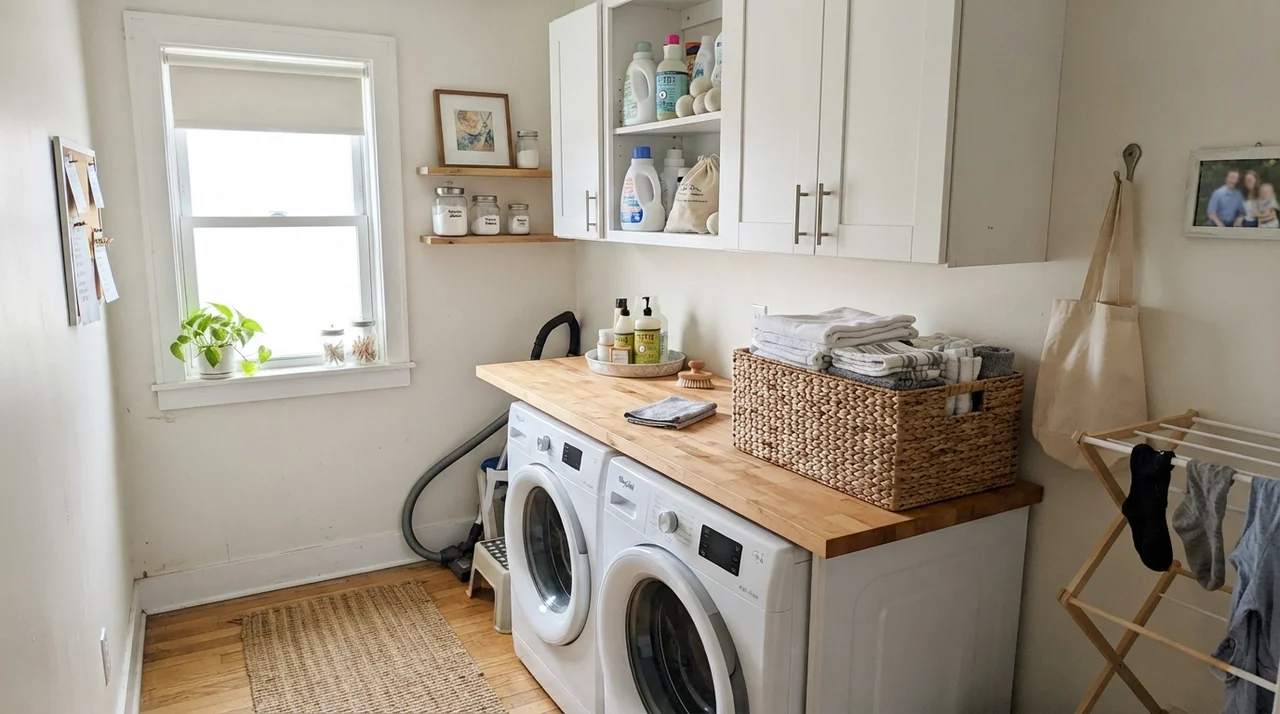 Bright laundry room painted in Sherwin-Williams Snowbound with butcher-block counter.