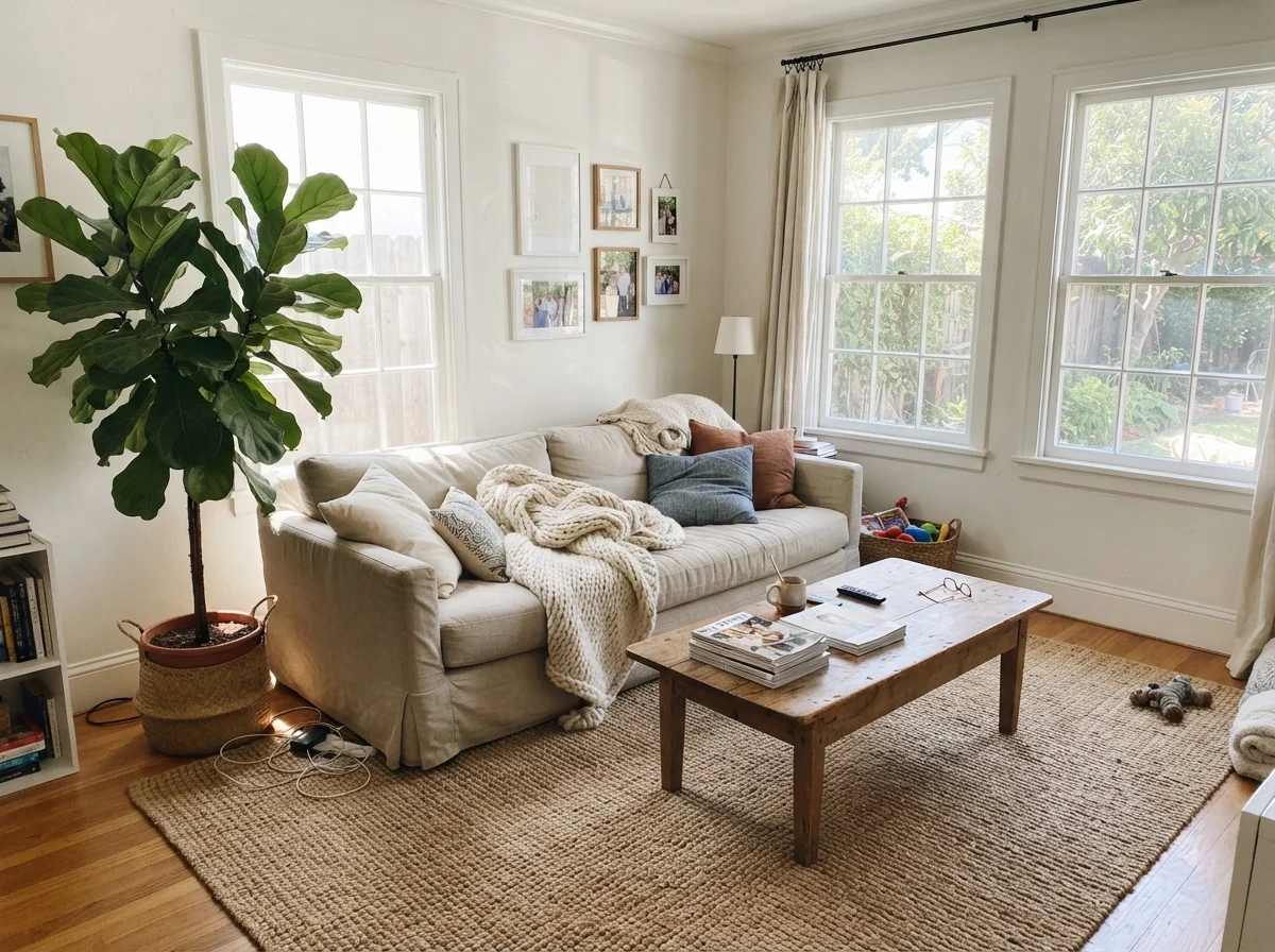 Bright sunlit living room with Sherwin-Williams Snowbound painted walls and linen furniture.