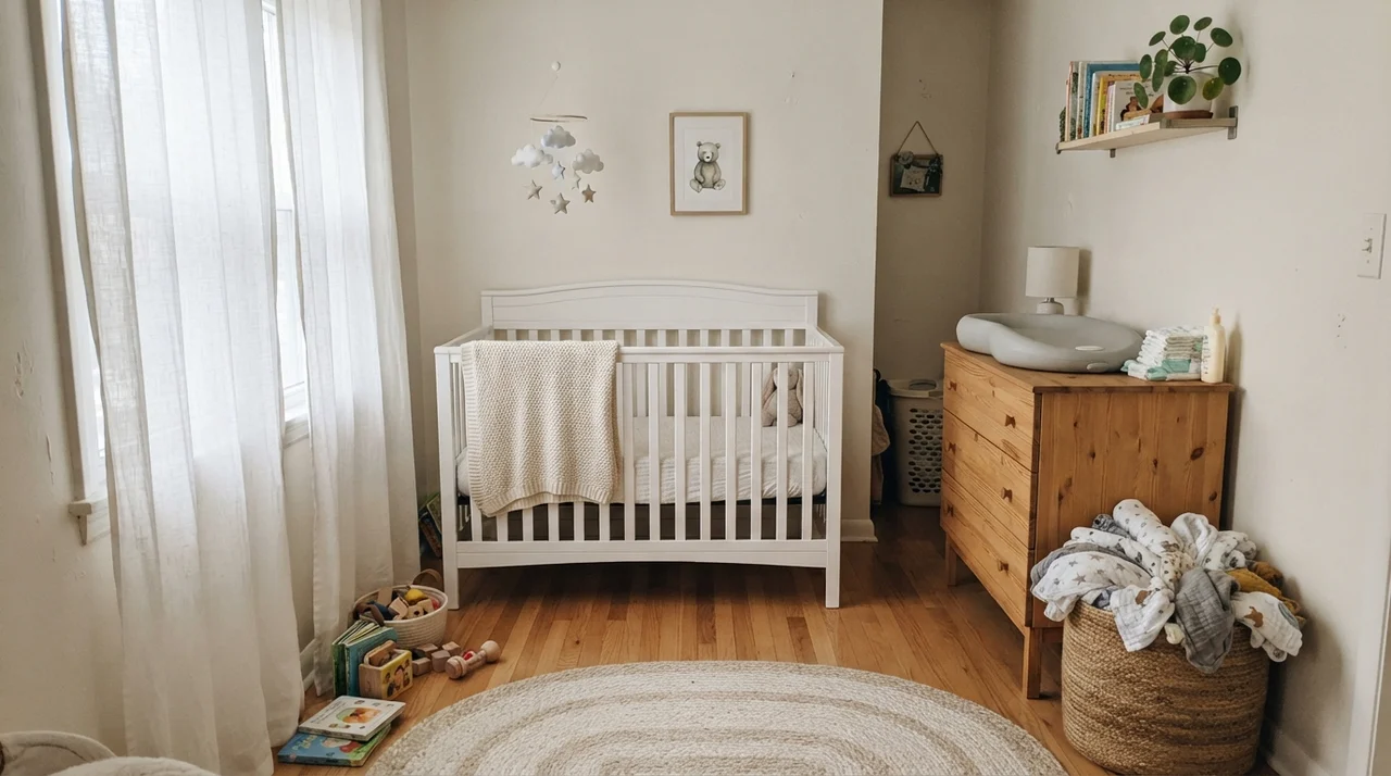 Bright nursery with walls painted in Sherwin-Williams Snowbound and light wood furniture.