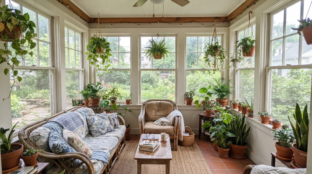 Sunroom with Sherwin-Williams Snowbound walls and white window frames.
