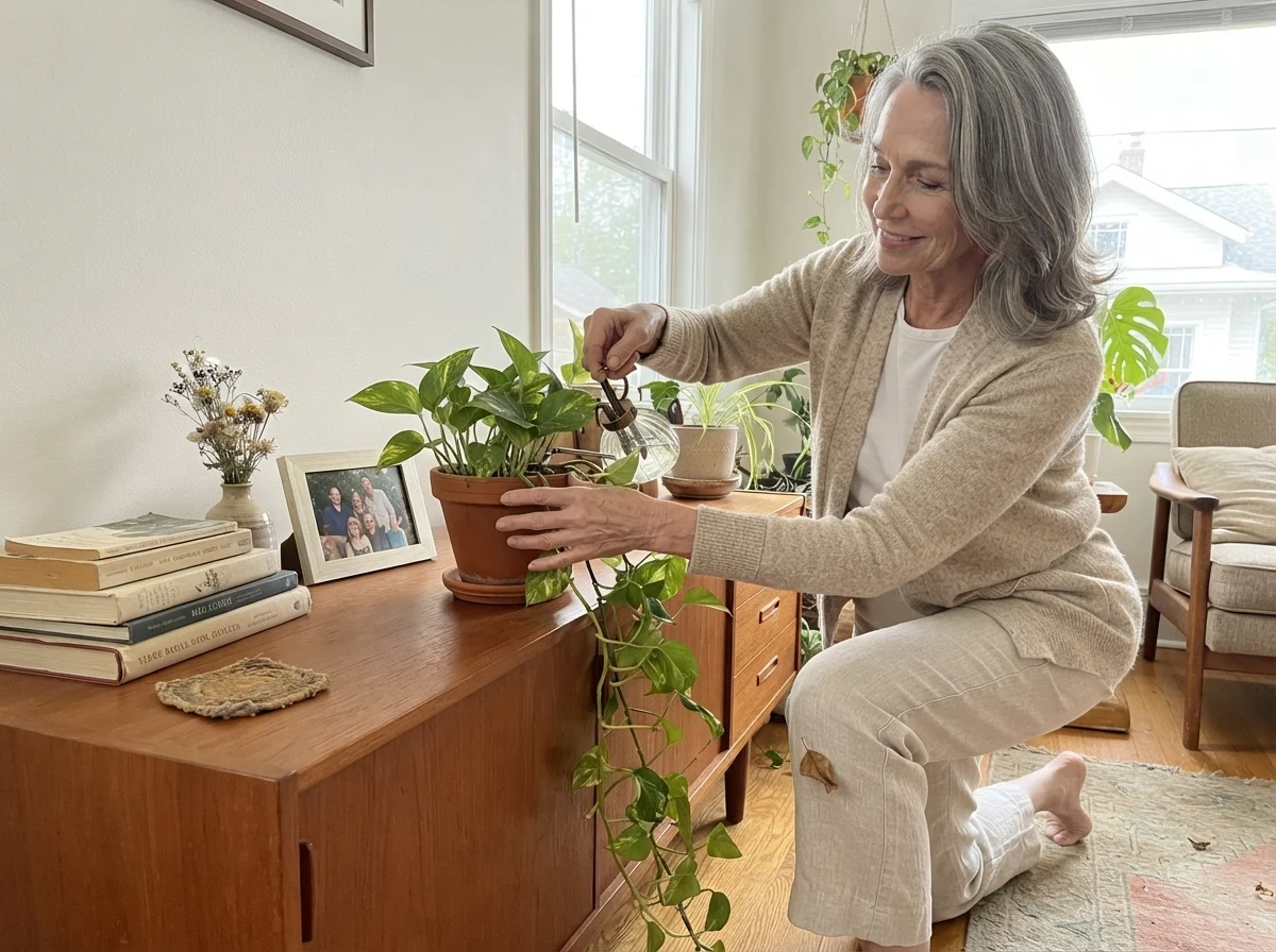 Susan Hartley caring for a houseplant in a bright living room painted Sherwin-Williams Snowbound.