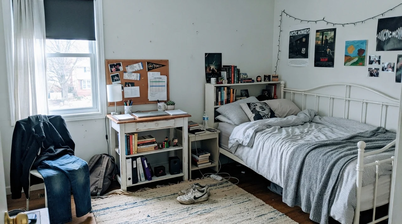 Teenager bedroom with Sherwin-Williams Snowbound walls and white desk.