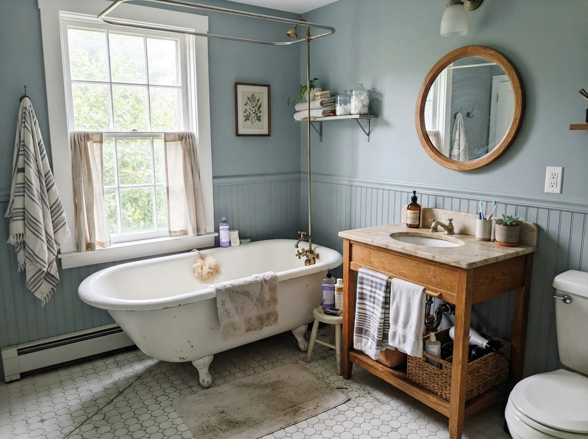 Cottage bathroom featuring white clawfoot tub, hex tile, oak vanity, and Stardew painted walls.