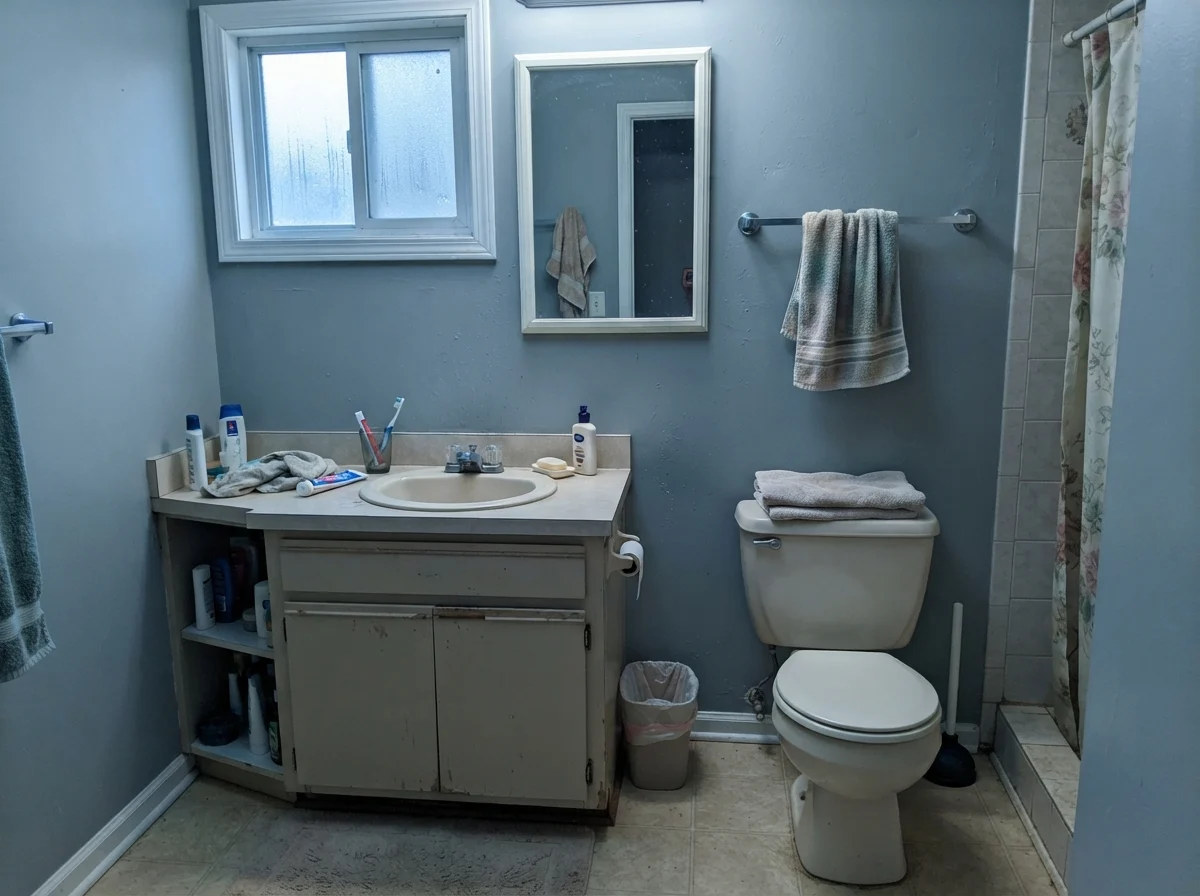Bathroom in cool north light with Stardew walls taking on a noticeable blue cast.
