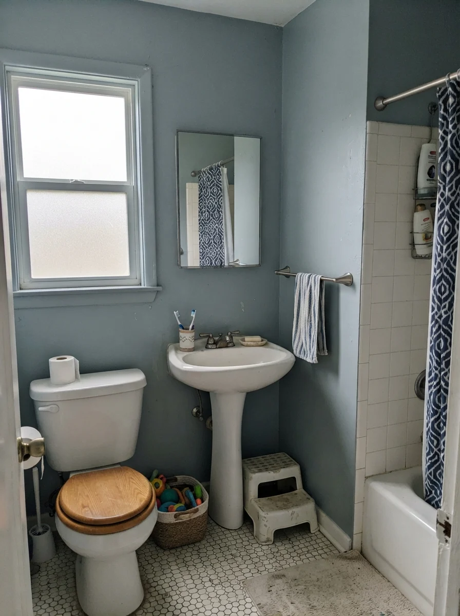 Small bathroom with Stardew walls reading gray under flat overcast daylight.