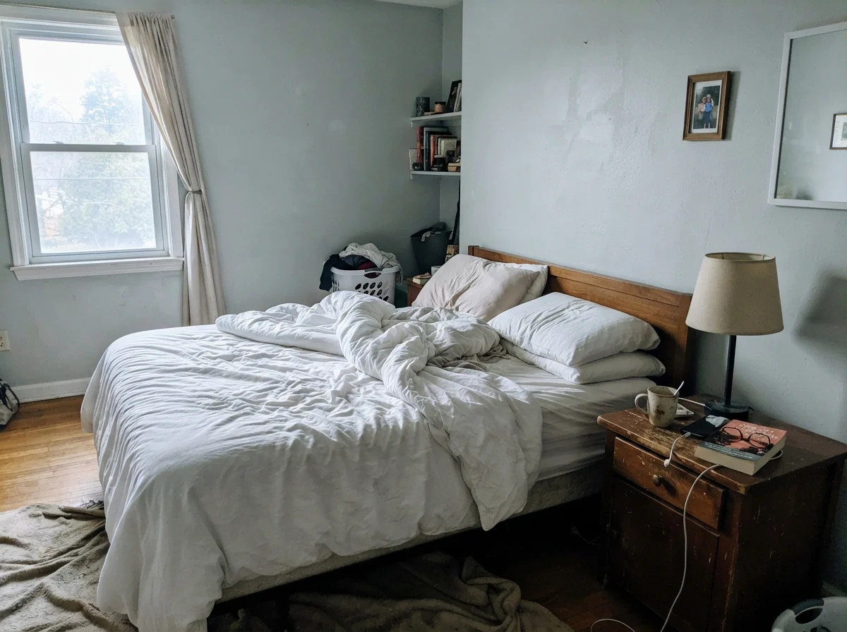 Bedroom with Stardew walls looking pale and cool in early morning light.