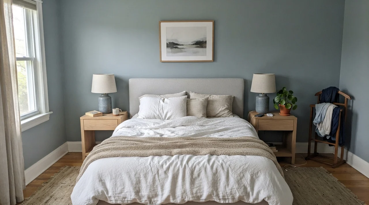 Main bedroom with Stardew painted walls, pale oak nightstands, and crisp white linen.
