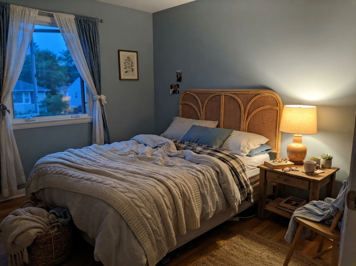 Bedroom with Stardew walls warmed by a table lamp in the evening.