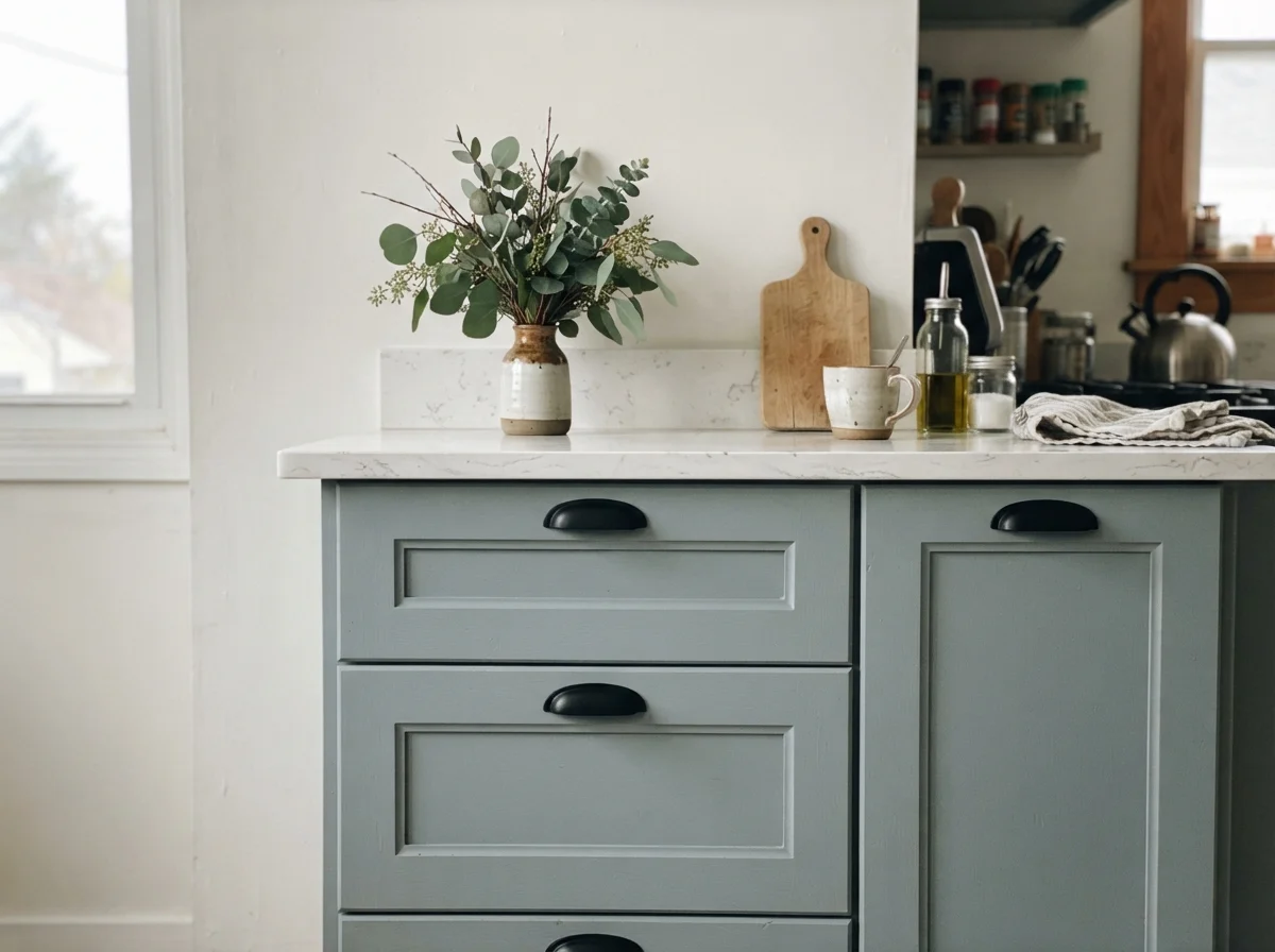 Detail view of Stardew shaker cabinets with matte black hardware and white quartz.