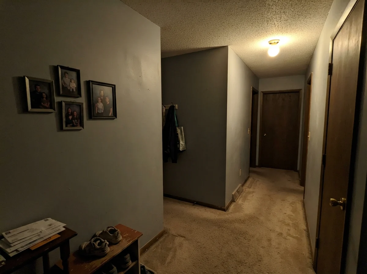 Windowless hallway showing Stardew looking flat, muddy, and dark under artificial lighting.