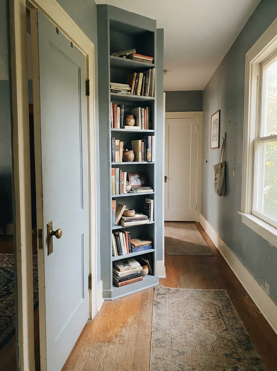 Interior hallway with Stardew painted built-in bookshelf and matching door against cream walls.