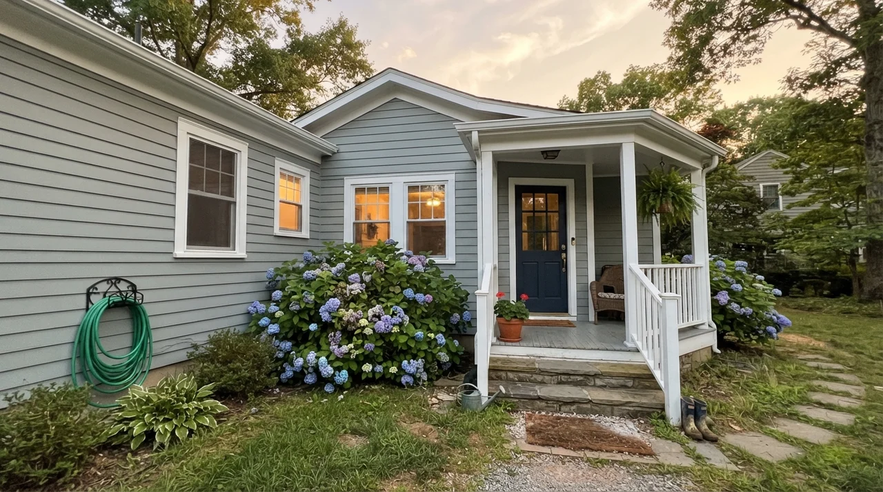 House exterior with Stardew horizontal siding, white trim, and a navy front door.