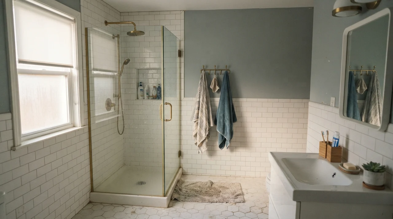Family bathroom with Stardew on the upper walls above white subway tile wainscoting and brass shower fixtures.