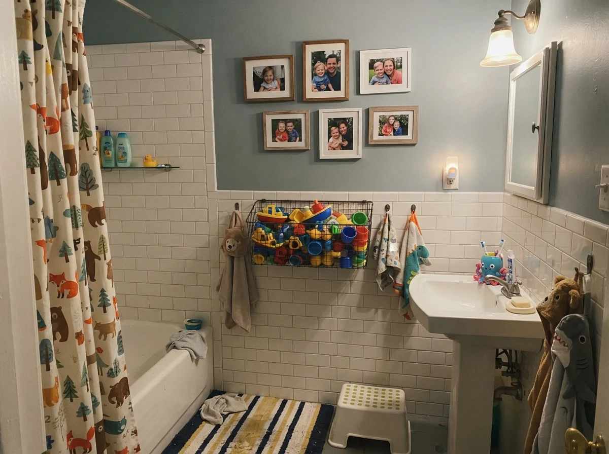 Kids bathroom with Stardew walls over white subway tile and everyday bath toys.
