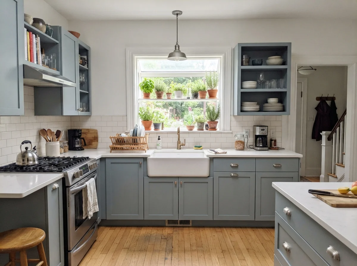 Kitchen shaker cabinets painted in Stardew with white subway tile backsplash and white counters.