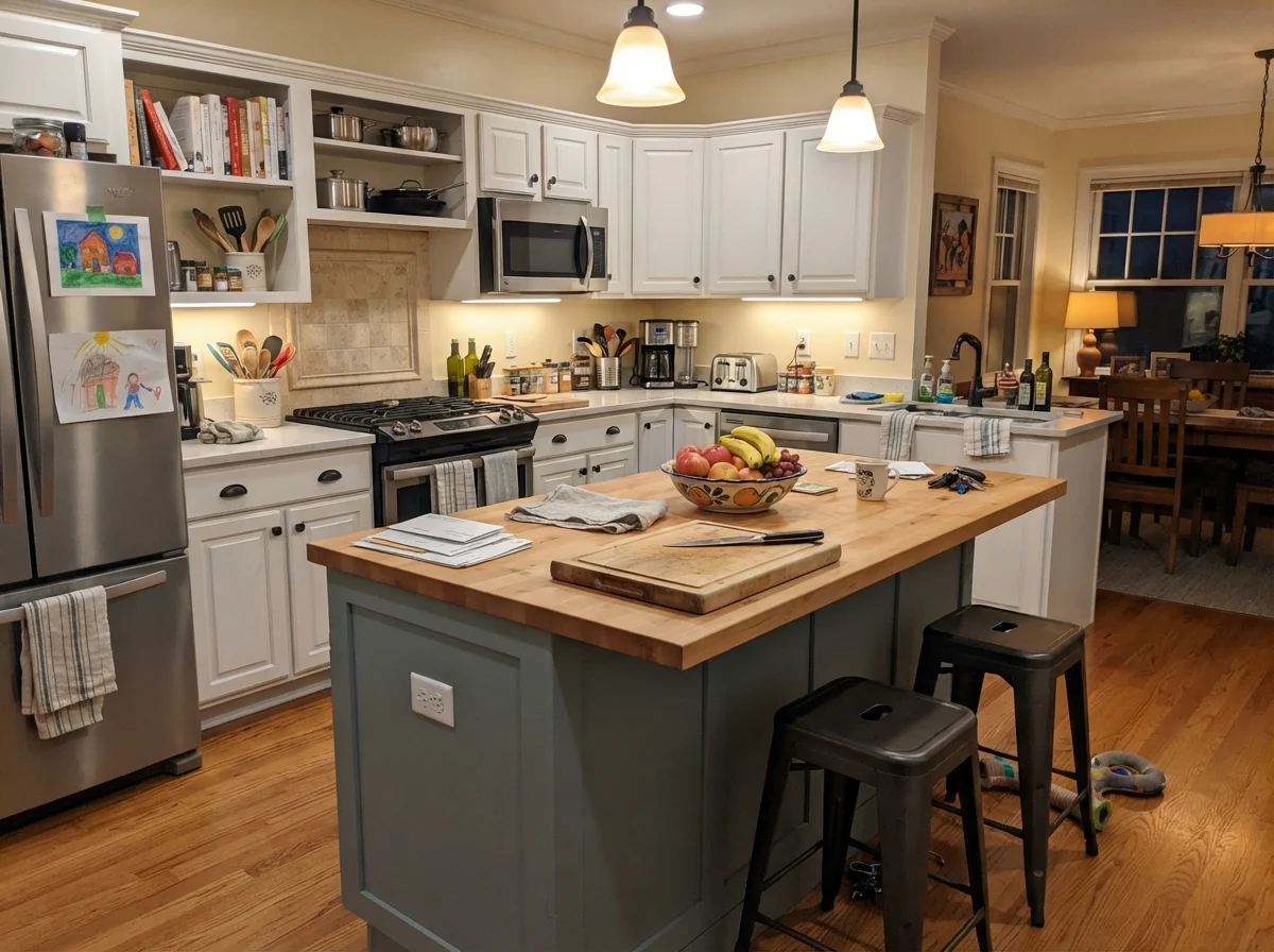 Kitchen island painted in Stardew with white surrounding perimeter cabinets and warm household lighting.