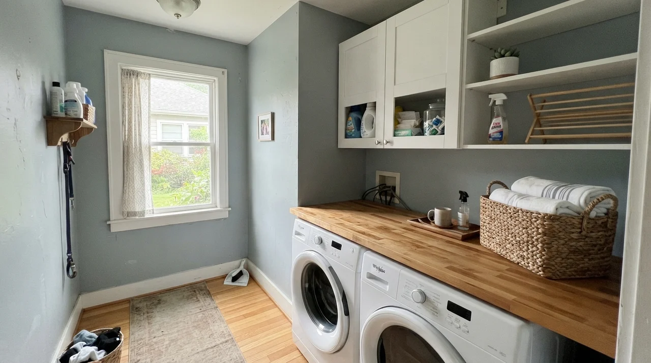 Bright laundry room with Stardew walls, butcher block counter, and white cabinets.