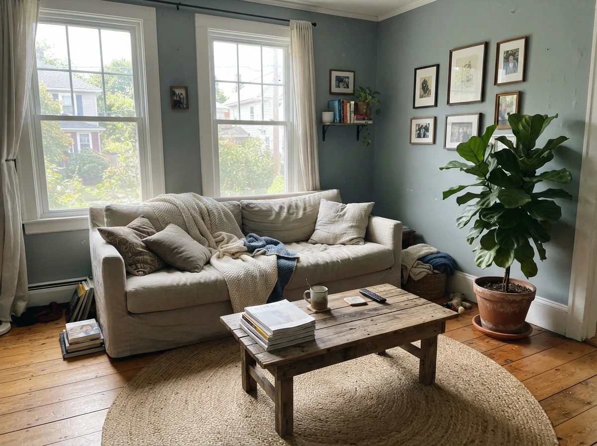 Living room in bright midday sun with Stardew painted walls, linen sofa, and jute rug.