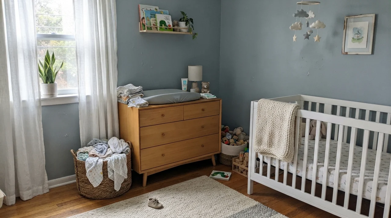 Nursery featuring Stardew walls, white crib, and light wood dresser.